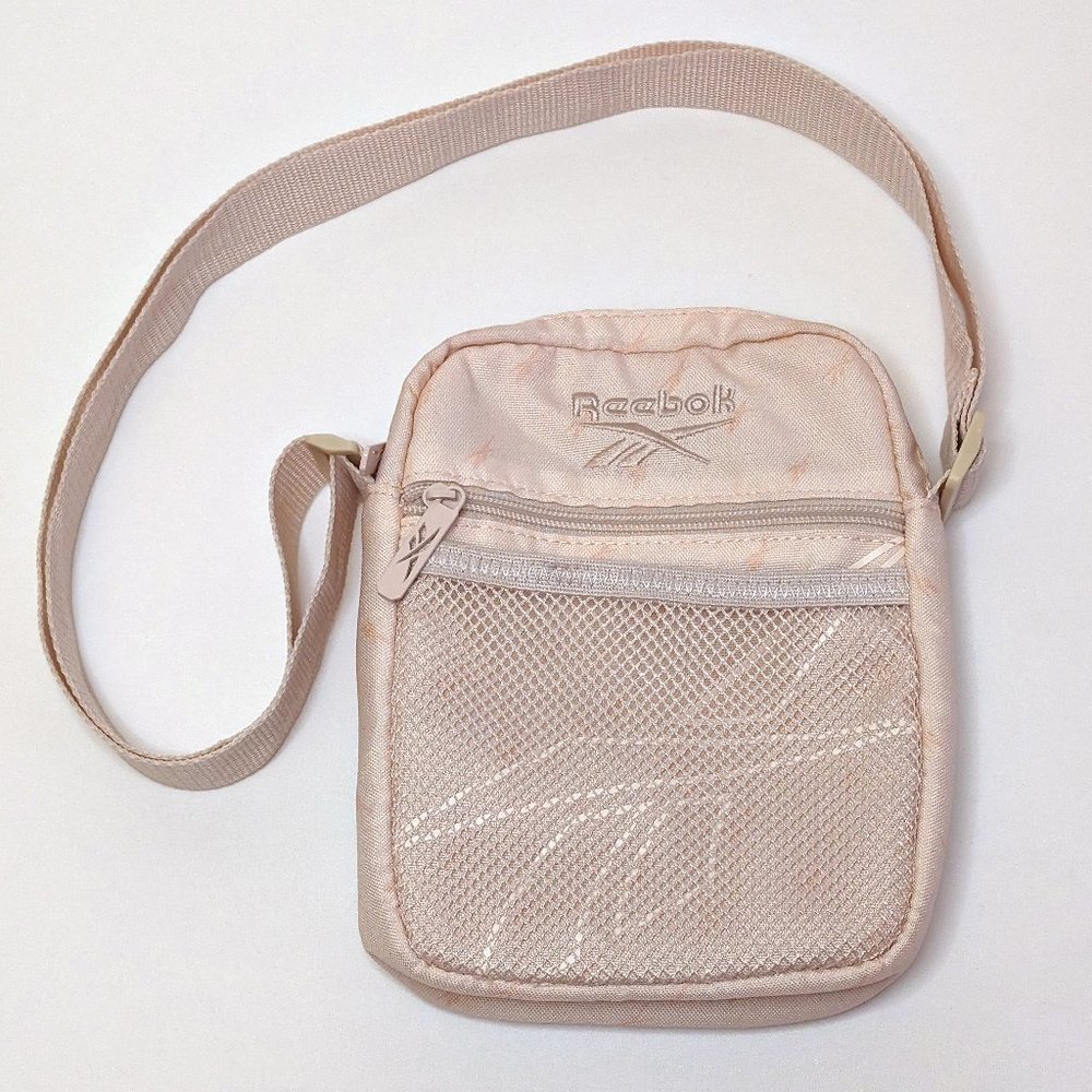 Reebok Flow Nylon Crossbody Cream Pink Tonal Zip-up Bag Clutch Purse Mesh Pouch